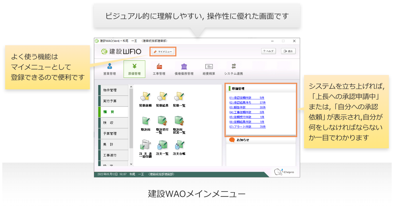 建設WAOメニュー画面の説明